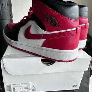 Nike Air Jordan 1 Mid Black, Red, and White Sneakers